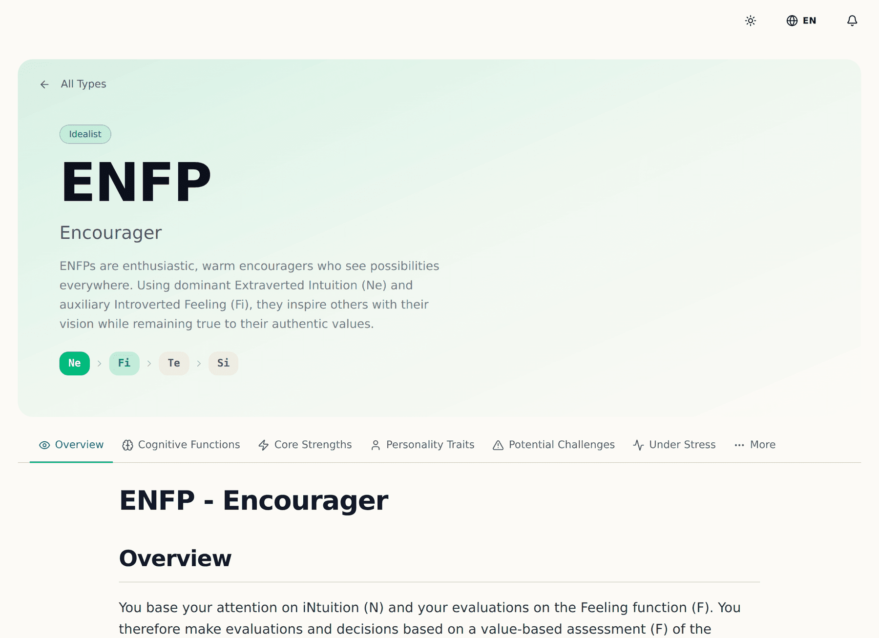 ENFP type report in the browser with sections for cognitive functions, strengths and stress